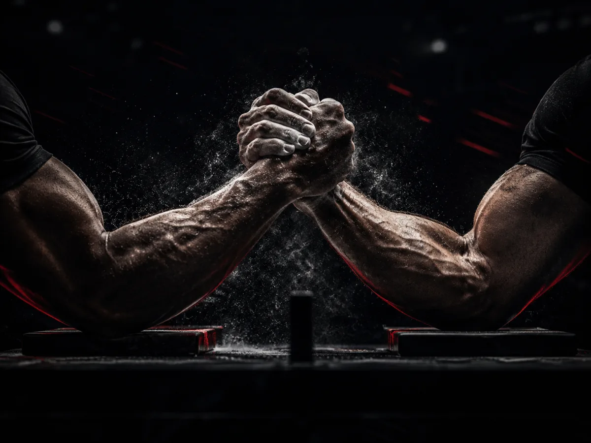Zwei Athleten im Armwrestling-Duell am Wettkampftisch